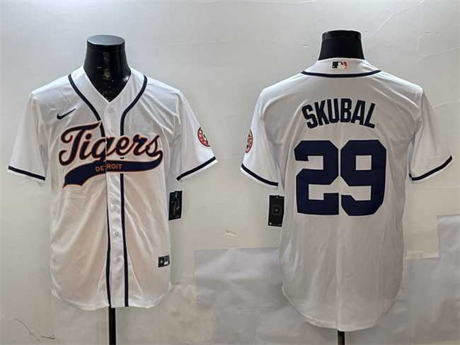 Mens Detroit Tigers #29 Tarik Skubal White With Patch Cool Base Stitched Jersey